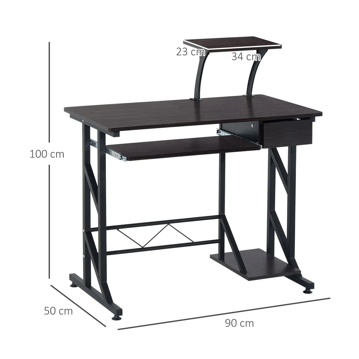 Computer Desk with Display Stand, Keyboard Tray Drawer and Host Box Shelf, Brown dimesions