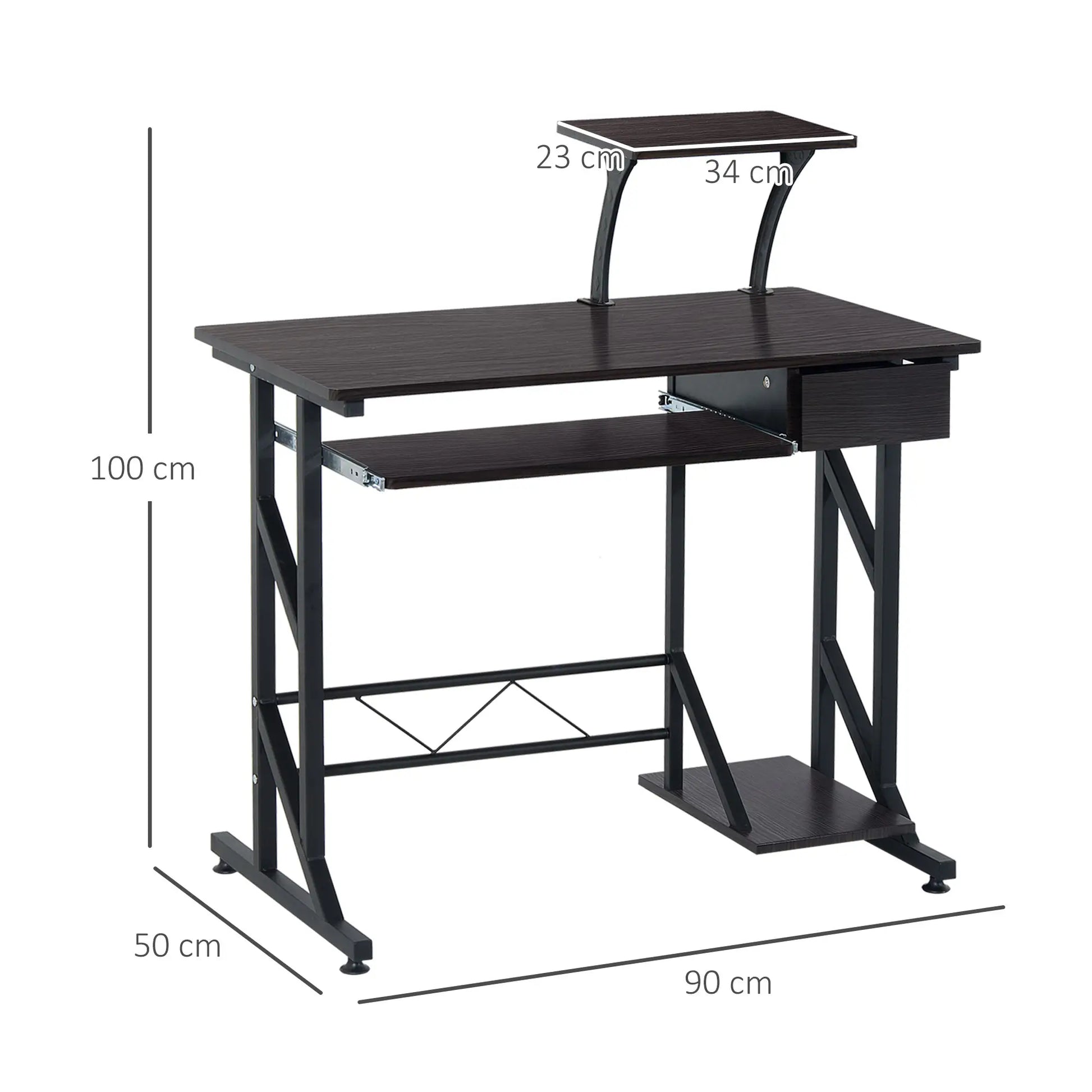 Computer Desk with Display Stand, Keyboard Tray Drawer and Host Box Shelf, Brown dimesions