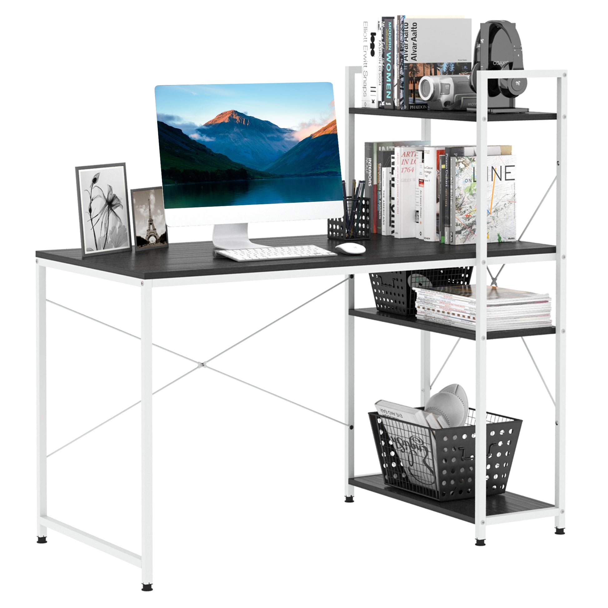Computer Desk with Storage Shelves on Left or Right, Black and White against a white background