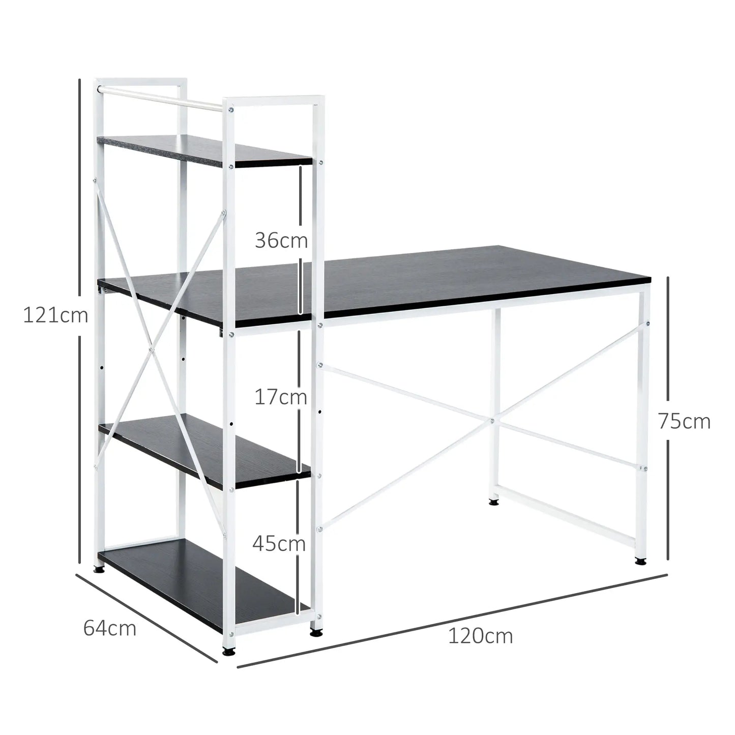 Computer Desk with Storage Shelves on Left or Right, Black and White dimensions