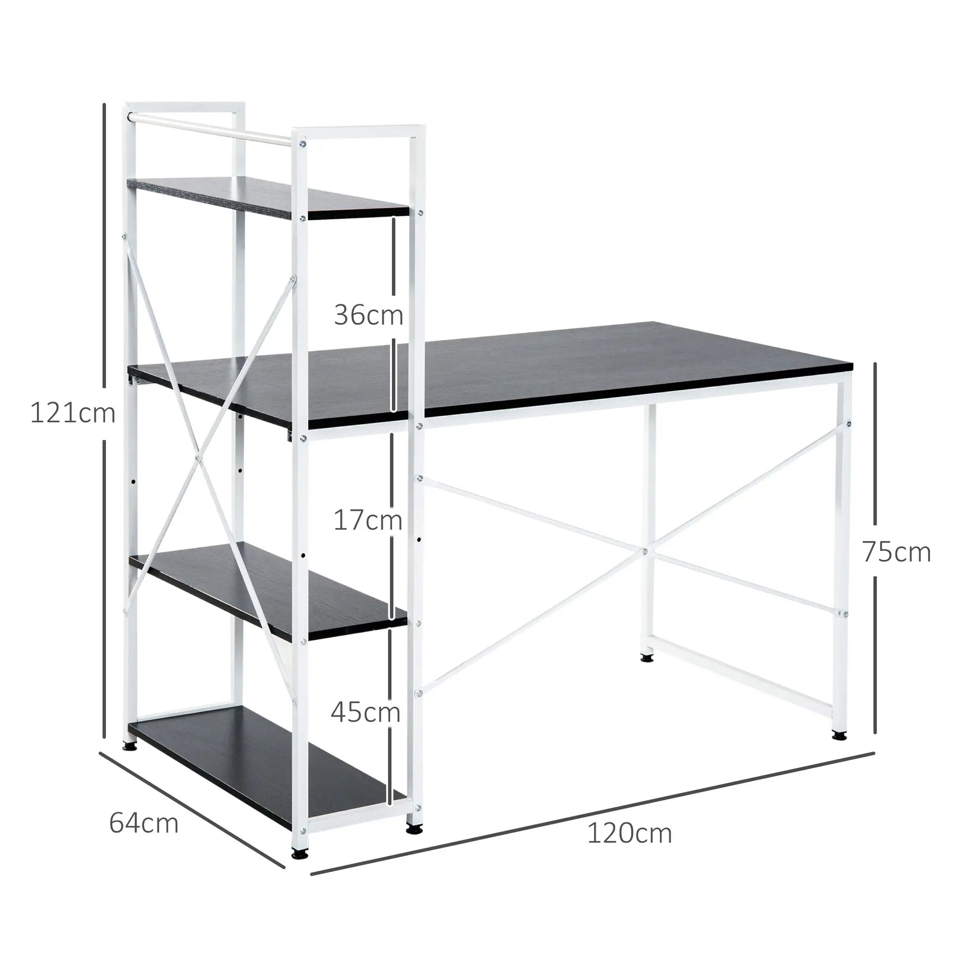Computer Desk with Storage Shelves on Left or Right, Black and White dimensions