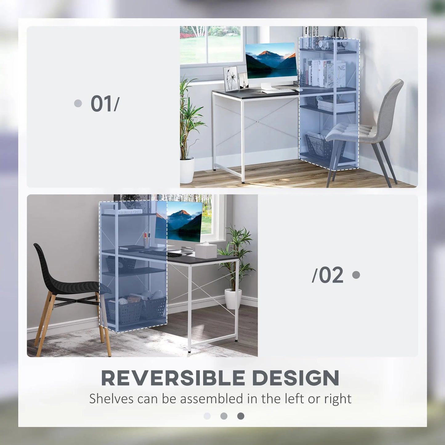 Computer Desk with Storage Shelves on Left or Right, Black and White reversible design 