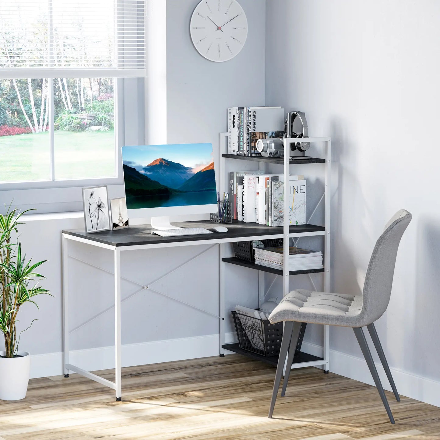 Computer Desk with Storage Shelves on Left or Right, Black and White in a bedroom setting