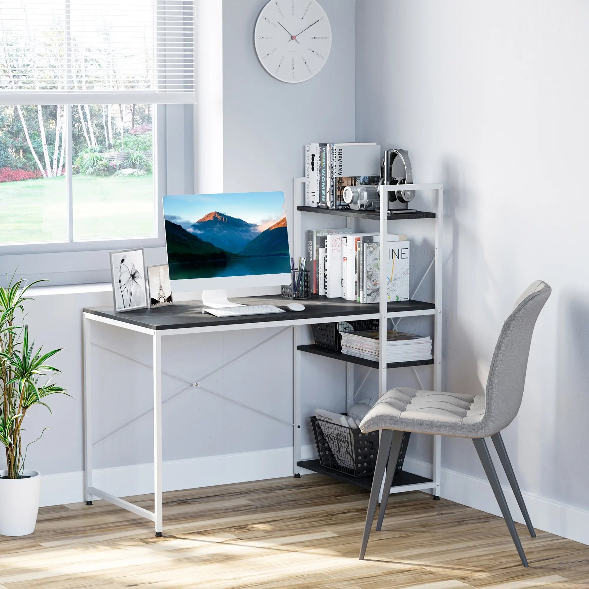 Computer Desk with Storage Shelves on Left or Right, Black and White in a bedroom setting