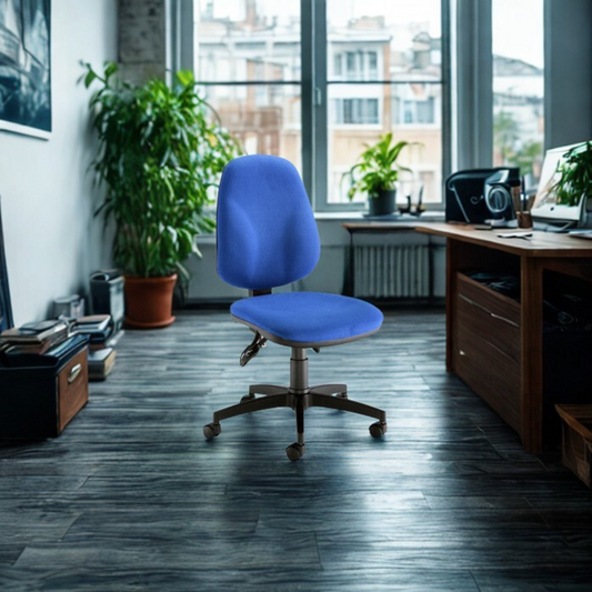 Blue office chair in a room with a desk, plants, and large windows.