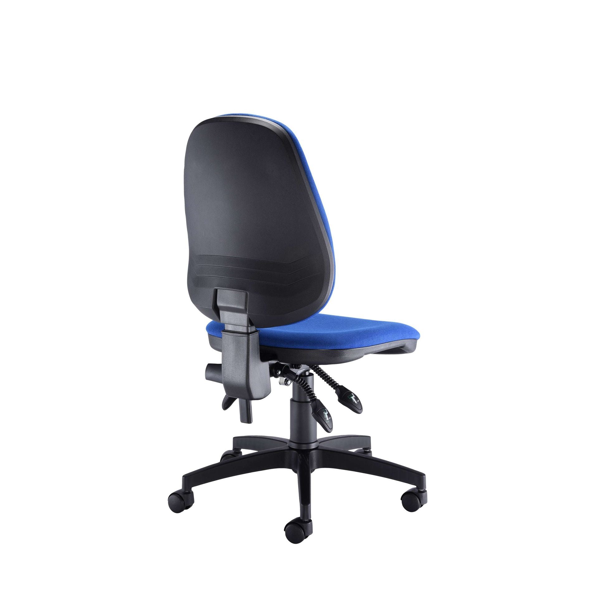 Blue office chair with black backrest on a white background
