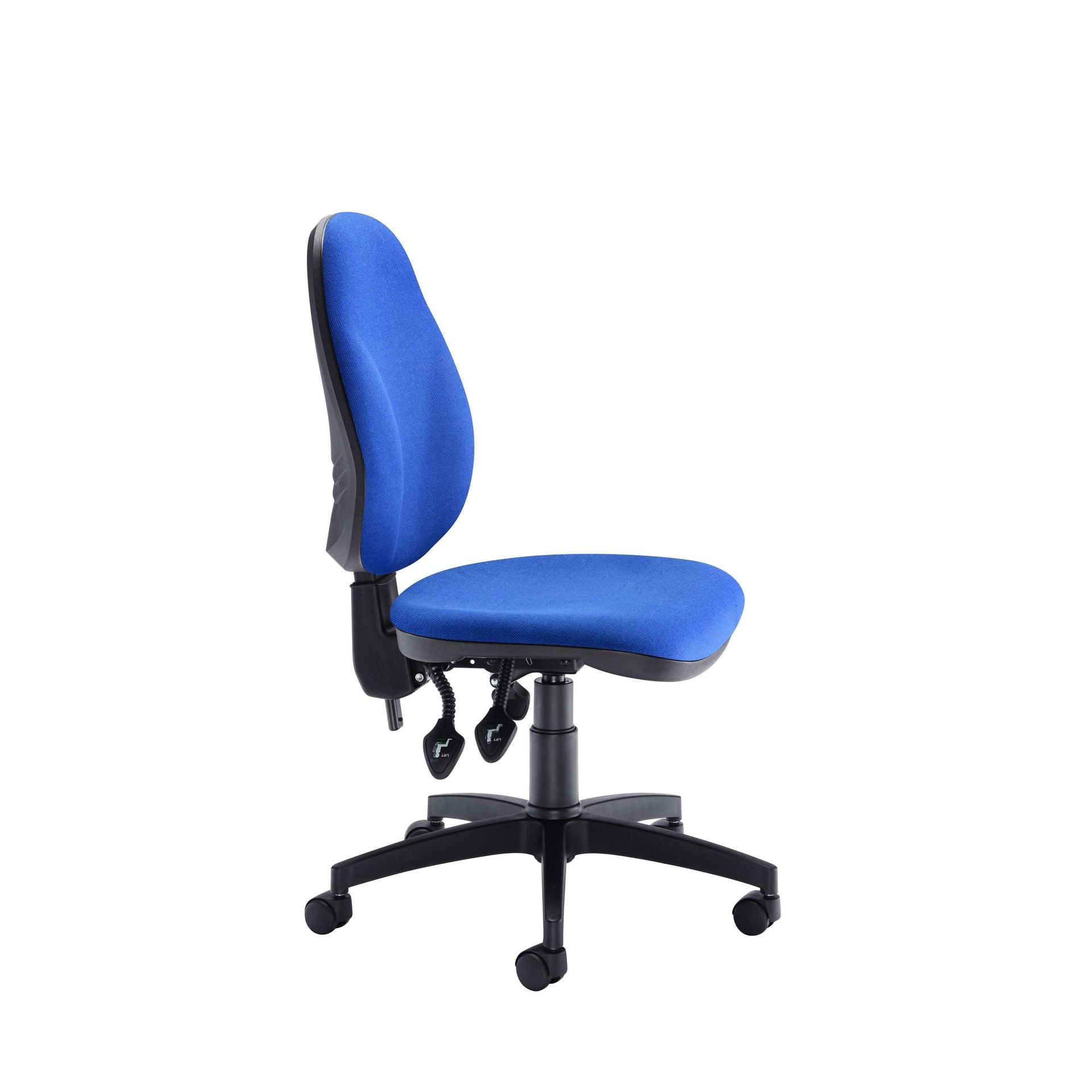 Blue office chair with black base on a white background