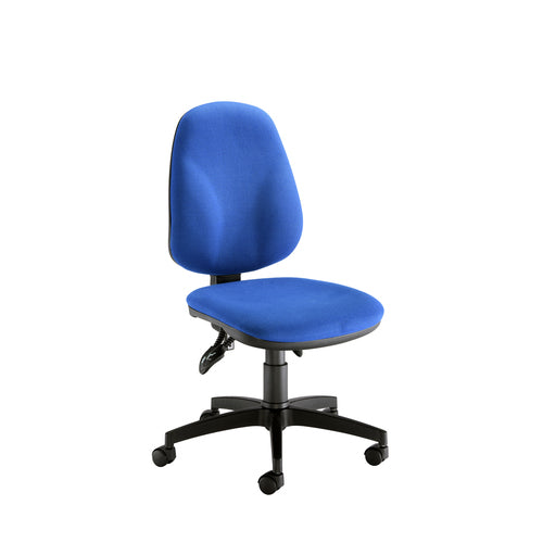 Blue office chair with black base on a white background