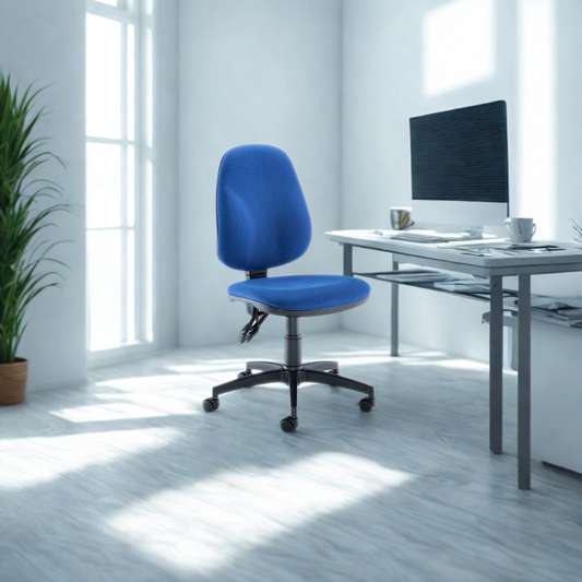 Blue office chair in a bright room with a desk and computer.
