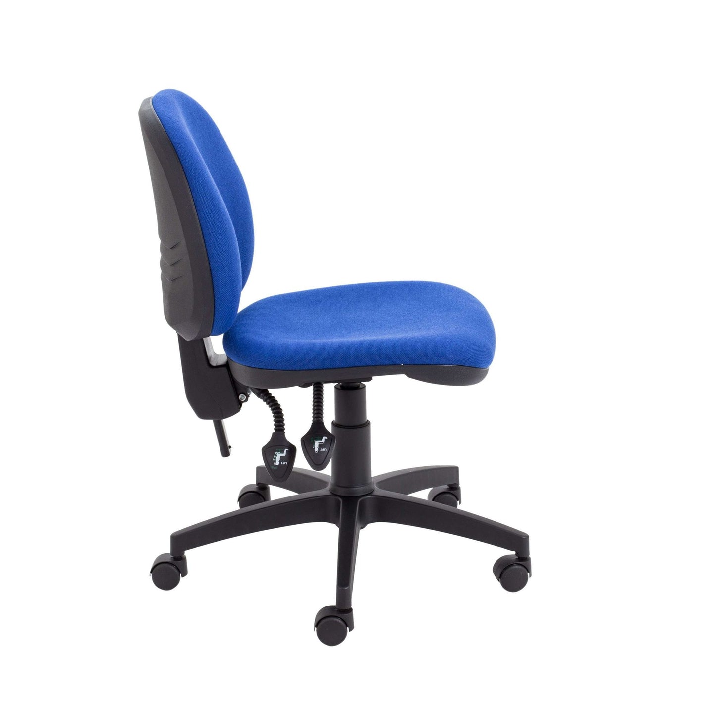 Blue office chair with black base on a white background