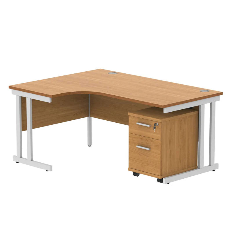 Wooden L-shaped desk with white metal frame on a white background