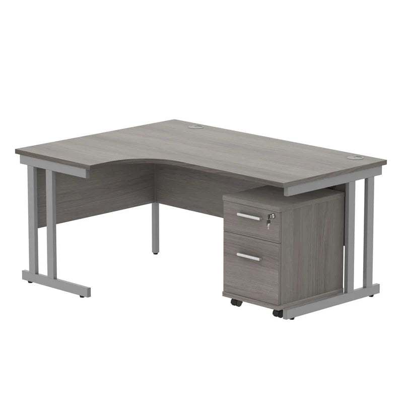 Corner office desk with a filing cabinet on a white background