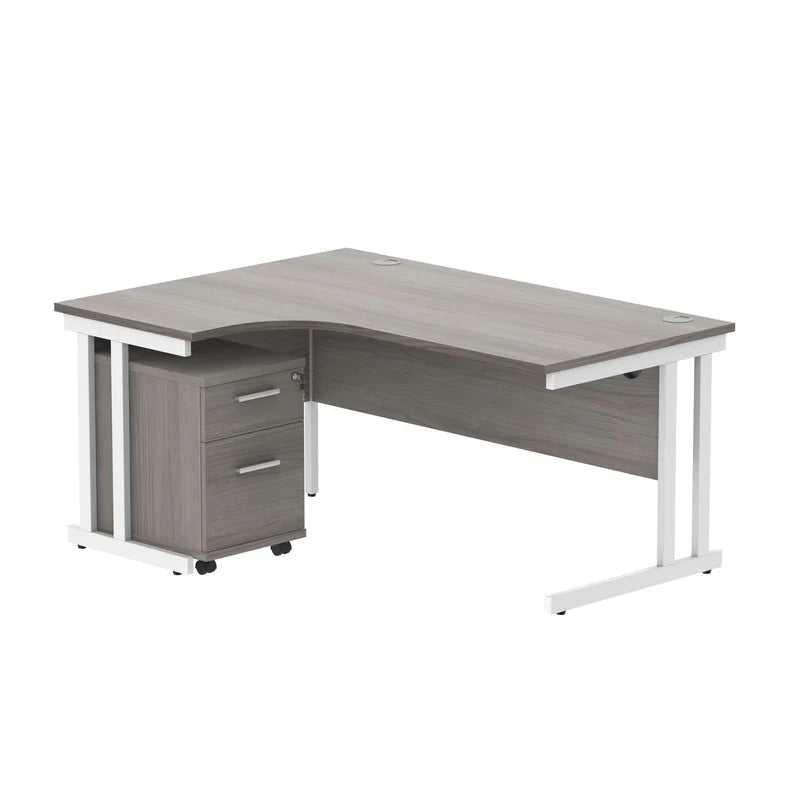 Corner office desk with gray top and white legs on a white background