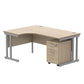 Wooden L-shaped desk with metal legs on a white background
