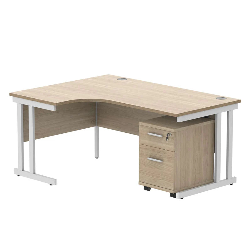 Corner office desk with wooden top and white metal frame on a white background