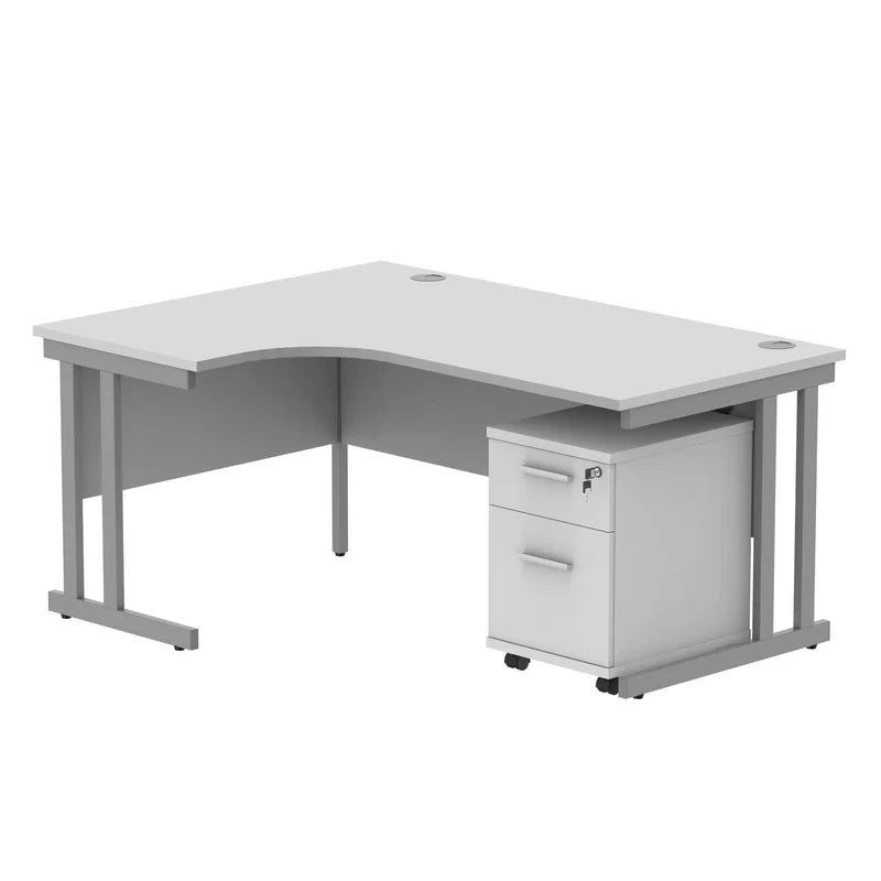 White L-shaped office desk with a cabinet on a white background