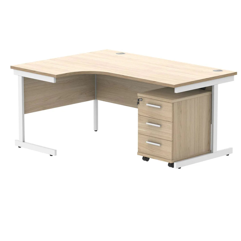 Wooden L-shaped desk with white legs on a white background