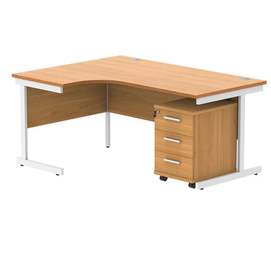 Wooden L-shaped desk with white legs on a white background