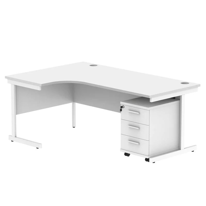 White L-shaped office desk with a mobile pedestal on a white background