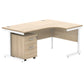 L-shaped desk with wooden top and white legs on a white background