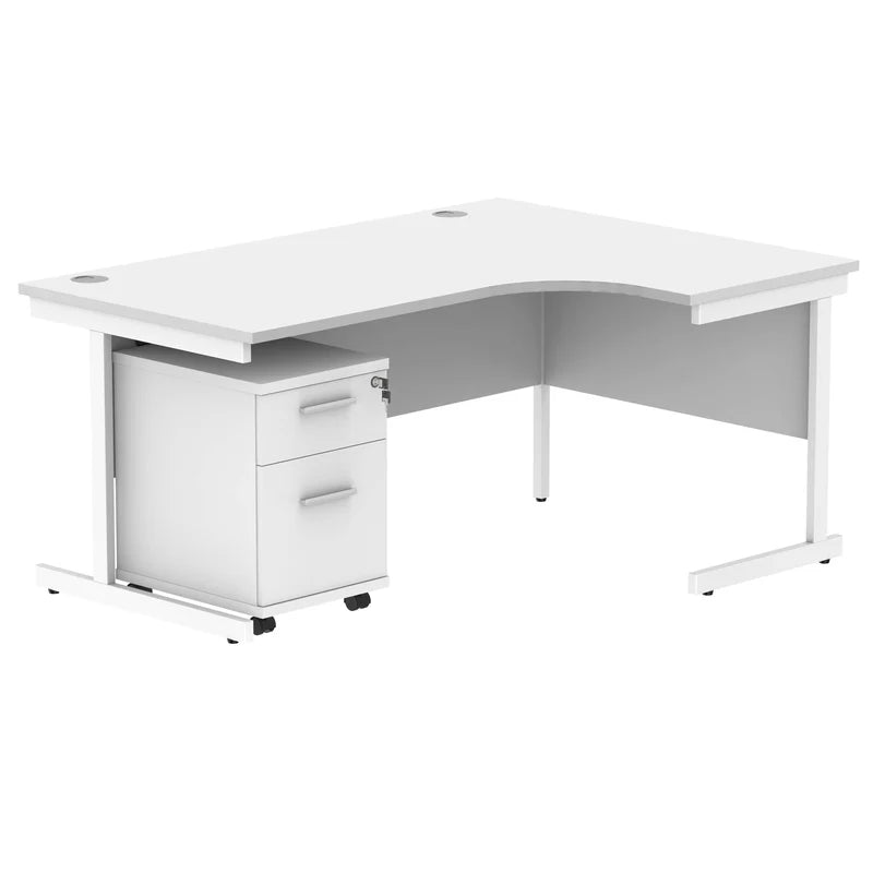 White L-shaped office desk with a white pedestal on a white background