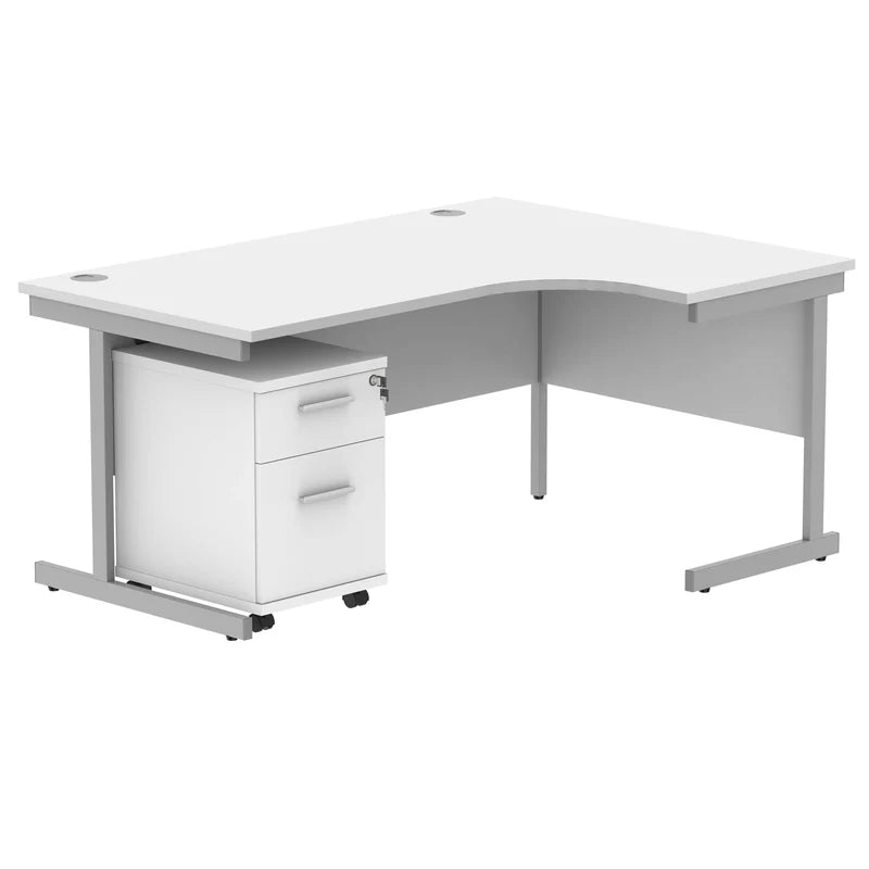 White L-shaped office desk with drawers on a white background