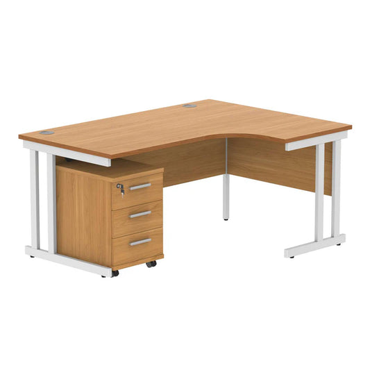Wooden L-shaped desk with white legs on a white background