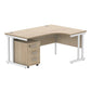 L-shaped desk with wooden top and white metal legs on a white background
