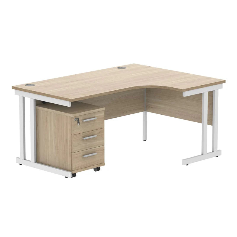 L-shaped desk with wooden top and white metal legs on a white background