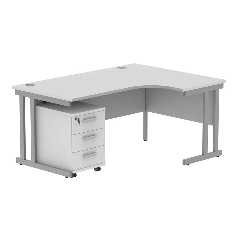 White L-shaped desk with a cabinet on a white background