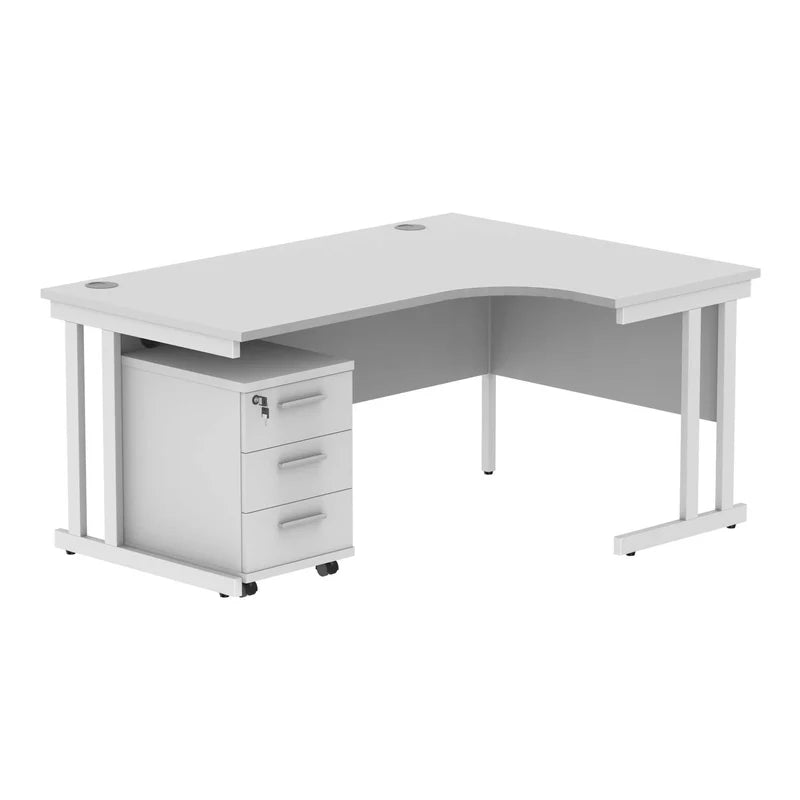 White L-shaped office desk with a pedestal unit on a white background