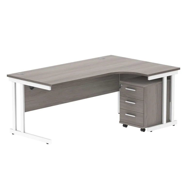 Corner office desk with gray top and white legs on a white background