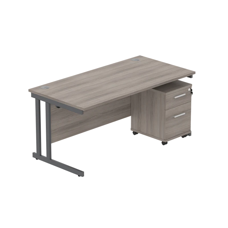Wooden office desk with a drawer unit on a white background