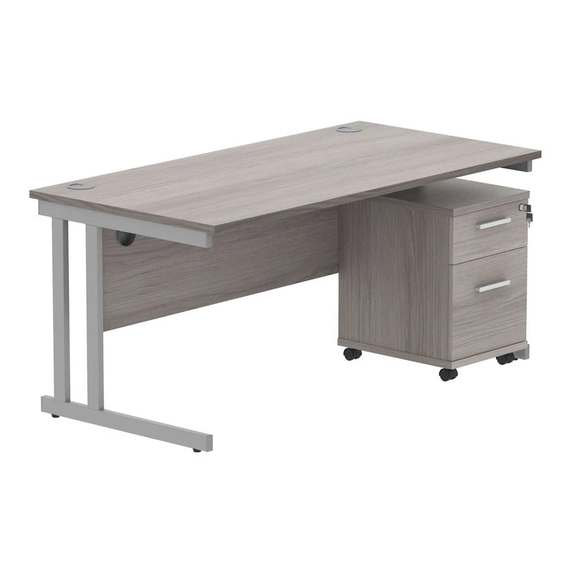 Wooden office desk with a filing cabinet on a white background