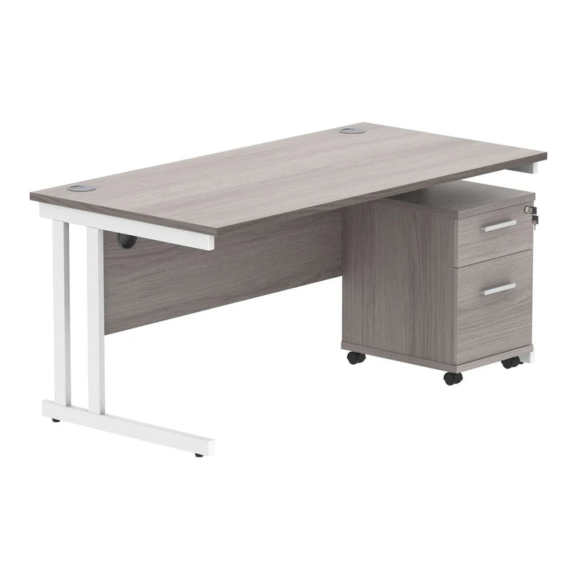 Office desk with a gray wood finish and white metal legs on a white background