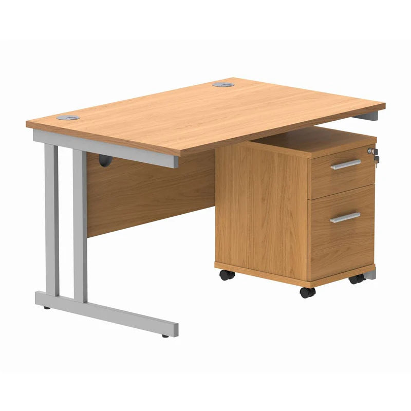 Wooden office desk with a pedestal unit on a white background
