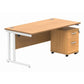 Wooden office desk with a white cantilever leg and a matching pedestal with drawers on a white background.