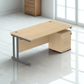 Wooden office desk with metal legs in a bright room