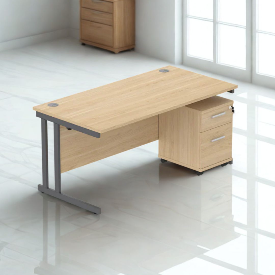 Wooden office desk with metal legs in a bright room