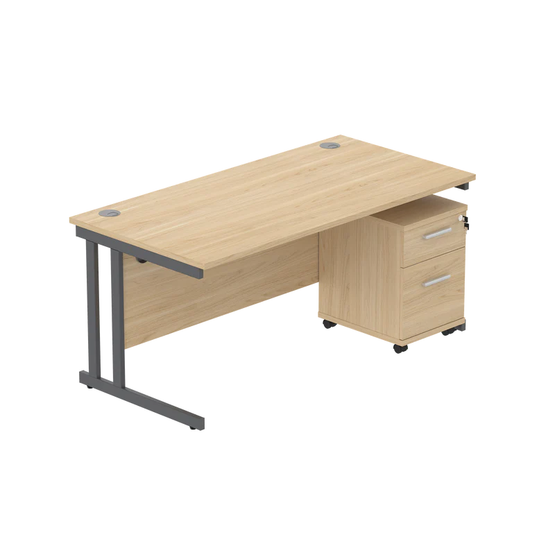 Wooden office desk with a pedestal unit on a white background