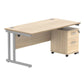 Wooden office desk with a filing cabinet on a white background