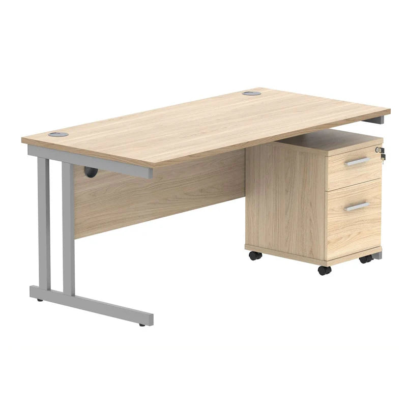 Wooden office desk with a filing cabinet on a white background