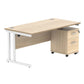 Wooden office desk with white legs on a white background
