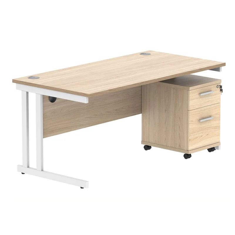 Wooden office desk with white legs on a white background