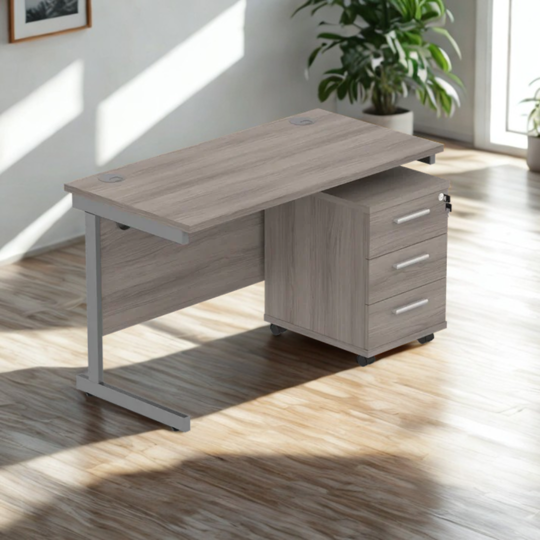Wooden office desk with drawers in a bright room with natural light