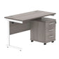 Gray office desk with white legs and a matching pedestal on a white background
