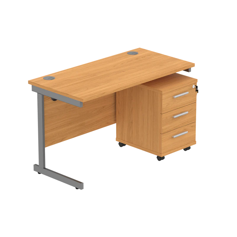 Wooden office desk with a pedestal unit on a white background