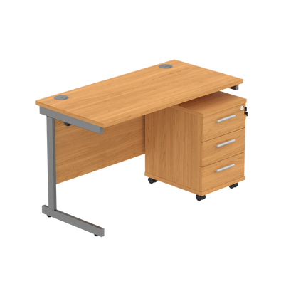 Wooden office desk with a pedestal unit on a white background