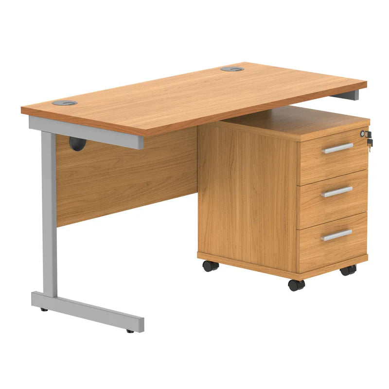 Wooden office desk with a silver metal frame on a white background