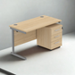 Wooden office desk with metal legs on a plain background